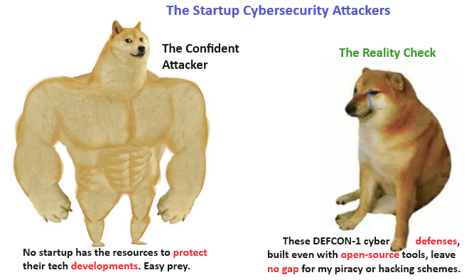 Swole Doge vs Cheems Meme about startup cybersecurity, featuring Swole Doge as an overconfident attacker and Cheems as a reality check on robust open-source defenses.